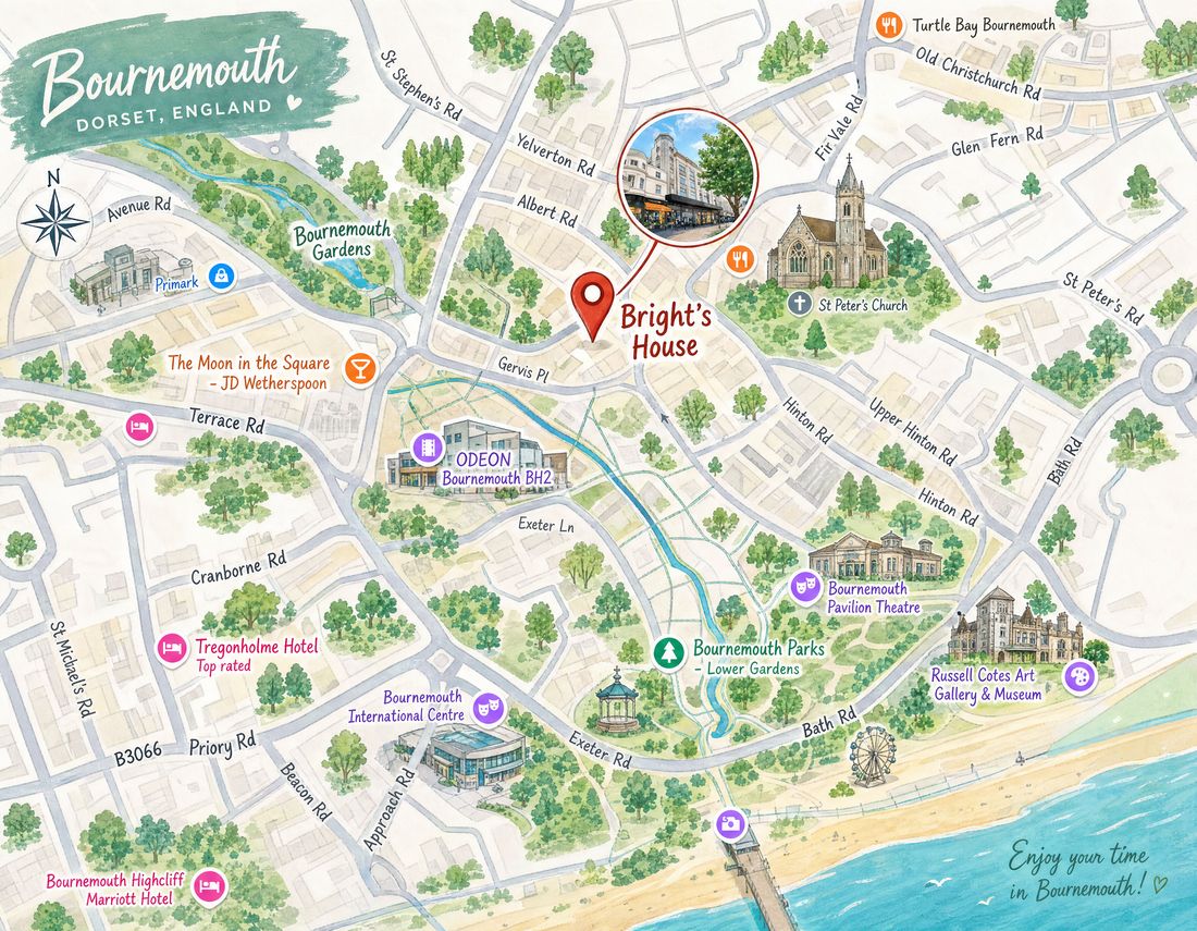 Illustrated map of central Bournemouth showing Bright's House on Gervis Place, with the Lower Gardens, the pier, the Pavilion Theatre and the beach